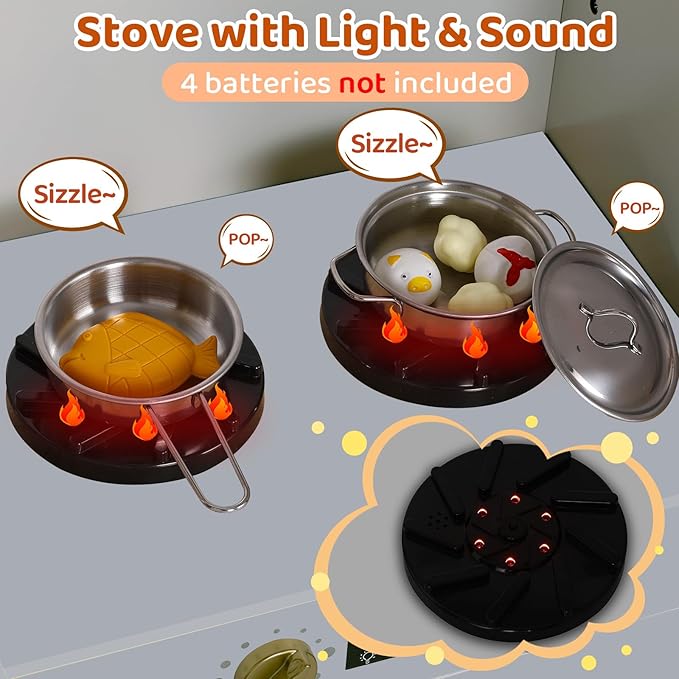 Arlopu Corner Wooden Play Kitchen with Lights & Sounds, Ultimate Pretend Cooking Toy Playset w/Utensils, Oven, Microwave, Stove, Water Dispenser (Gray)