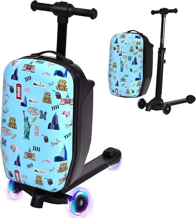smilesun 4-in-1 Detachable Scooter Luggage for Kids & Teens, Foldable Hardside Ride On Suitcase with Wheels, Stylish and Safe Design(Blue)