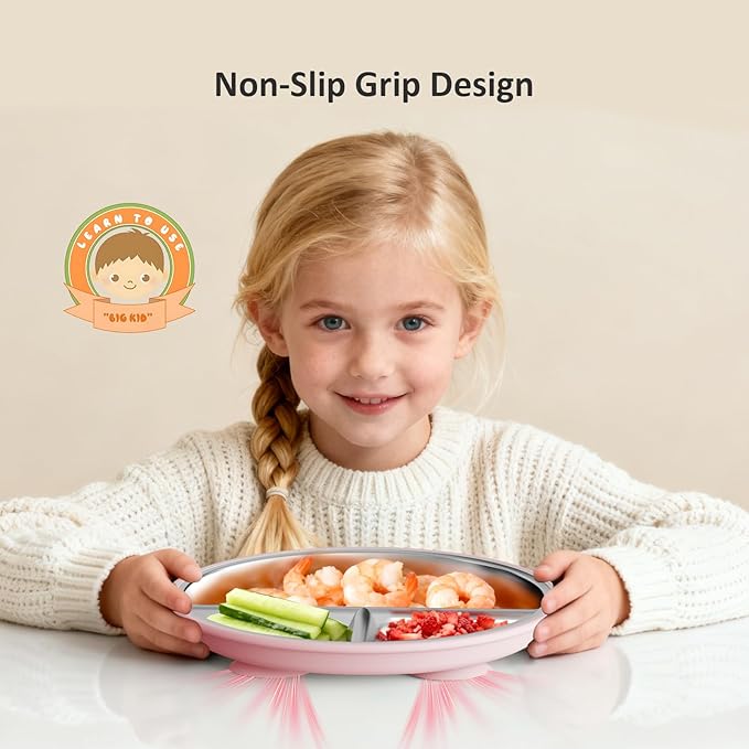 Stainless Steel Baby Plate with Suction, 9” Divided Toddler Plates with Removable Silicone Sleeves for Kids, Non-Toxic Non-Slip Unbreakable Dishwasher Safe Dinnerware Set of 2, Pink & Beige