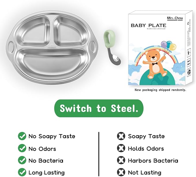 Stainless Steel Baby Suction Plates: Divided Plates for Babies and Toddlers, Made of 100% Food-Grade Materials Ideal for Baby-Led Weaning BPA-Free Toddler Feeding Dishwasher Safe Green