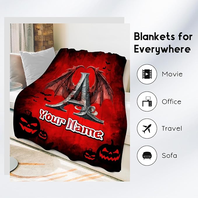 Halloween Throw Blanket - Custom Boys Blanket - Personalized Kids Throw with Name - Halloween Initial Gifts - 30"x40" Warm Fleece Toddler Throws for Couch - Customized Gifts