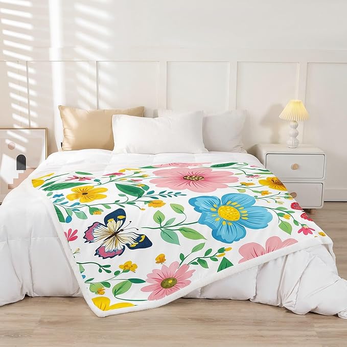 Colorful Flowers Fleece Throw Blanket Botanical Floral Printed Plush Blanket for Sofa Couch Bed Butterflies Dragonflies Bees Sherpa Blanket s Animal Fuzzy Blanket Room Decor Queen 90x90 Inch