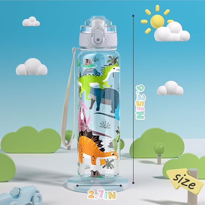 OLDLEY 17oz Kids Water Bottle for school Girls Boys, Water Bottle With Silicone Straw, Leak-Proof Tritan BPA-Free, Reusable water bottles for kids, Dinosaur