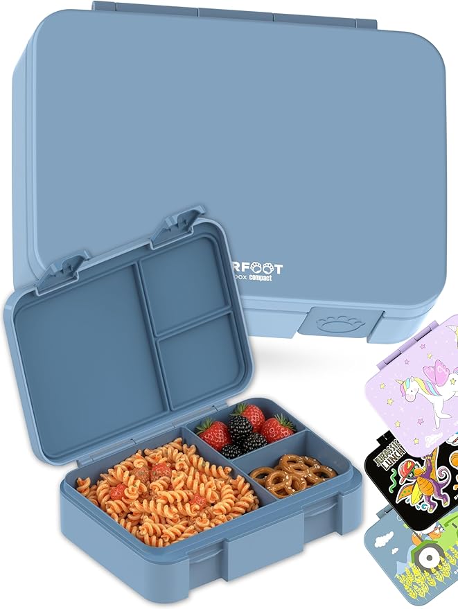 BEARFOOT Kids Lunch Box with Compartments – Compact & Lightweight | Leak-Proof, BPA-Free, Dishwasher & Microwave Safe | Hand-Drawn Design for Preschool, School, Travel (Blue, 4 Cups)