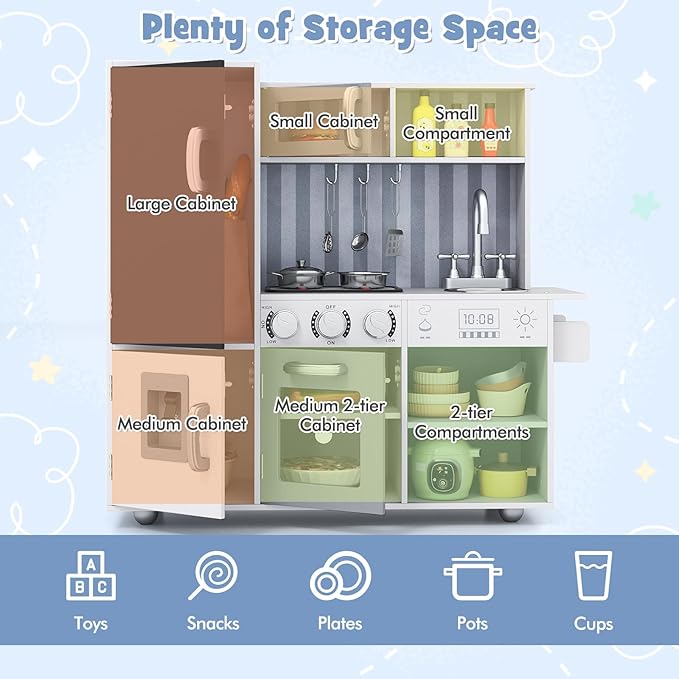 HONEY JOY Kids Kitchen Playset, Wooden Little Chef Pretend Play Kitchen Set w/Chalkboard & Water Dispenser, Lighted Stove, Storage Cabinet, Utensils, Play Kitchen for Toddlers, White + Silver