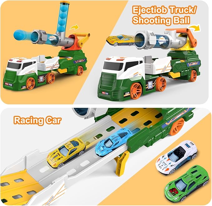 Dwi Dowellin Truck Toys for Kids, 28" Large Car Toys Include 4 Racing Cars+6 Ball, with Light & Sounds, Eejection&Shooting Transport Cars Toy, Gifts for Boys Girls-Green