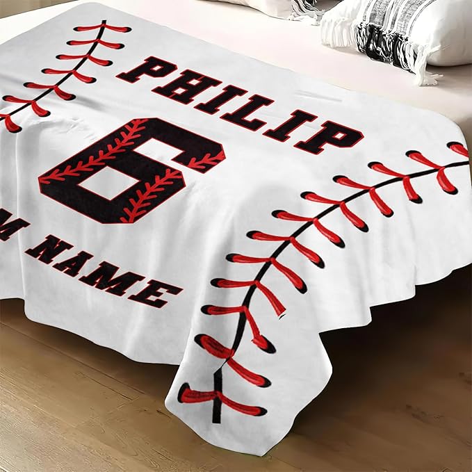 Personalized Baseball Blankets with Name Numbers, Custom Baseball Team Game Throw Flannel Blankets Stuff Gifts for Boys Sports Lover Fans Kids Adult