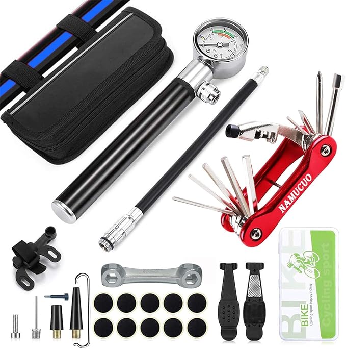YBEKI Bike Tyre Repair Tool Kit - Bicycle Tool kit with 210 Psi Mini Pump 10-in-1 Multi-Tool with Chain Breaker, Tyre Levers &Tire Patch, Bone Wrench, 1 Portable Bag