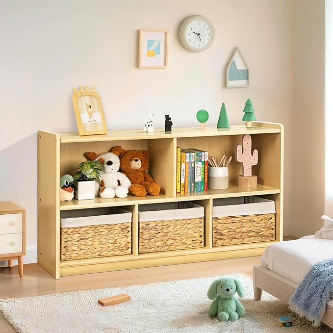 5-Compartment Montessori Bookshelf, Toy Storage Organizer, 2-Layer Toddler Bookshelf for Playroom Storage, Book Shelf for Kids Rooms, School, Nursery