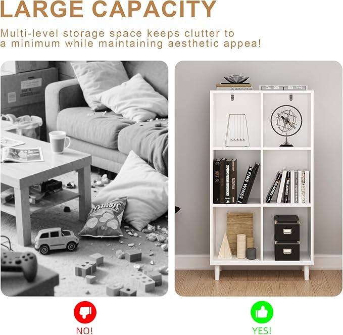 6 Cube Storage Organizer | White Bookshelf|Tall Bookshelf | -Cubic Storage Cabinet（Storing Books,Toys & More(Easy to Install）