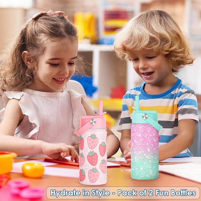 SANDJEST Kids Water Bottle with Straw Lid, Pack of 2 Insulated 12 Oz Stainless Steel Water Bottles for Girls, Travel Cup for School Sports, Mermaid - Strawberry