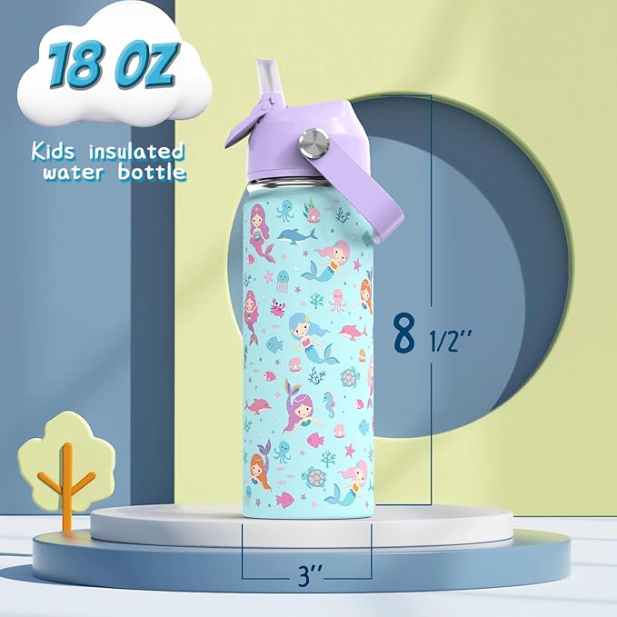 18oz Kids Insulated Water Bottle with Straw Lid - 18/8 Stainless Steel Kid Cup Travel Tumbler Double Wall Vacuum Leak Proof Portable Toddler Water Bottle (Rainbow + Mermaid)