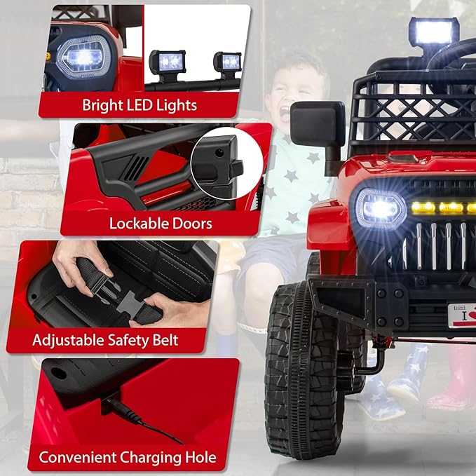 Costzon Kids Ride On Truck, 12V Battery Powered Electric Vehicles w/Remote Control, Spring Suspensions, 3 Speeds, Music, Lights, Wireless Connection, Ride on Car for Boys & Girls 3+ (Red)