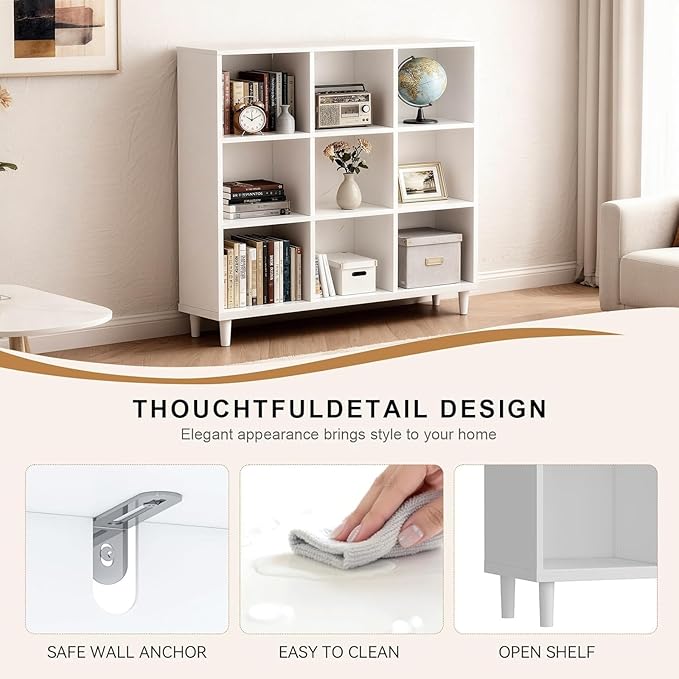 9 Cube Storage Organizer | White Bookshelf|3 Shelf Bookcase |Long Bookshelf| -Cubic Storage Cabinet（Storing Books,Toys & More Easy to Install）