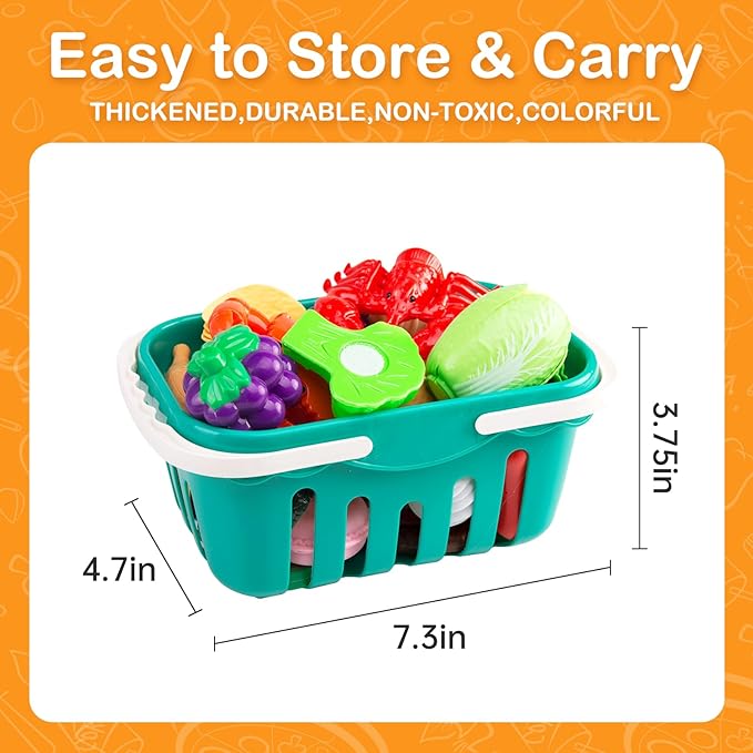 150Pcs Kitchen Playset, Toddlers Pretend Cooking Cookware Accessories, Food, Picnic Blanket, Fruits, Veges, 2Pack Shopping Storage Basket, Dessert and Prop Money, Gift for Kids (Turquoise)