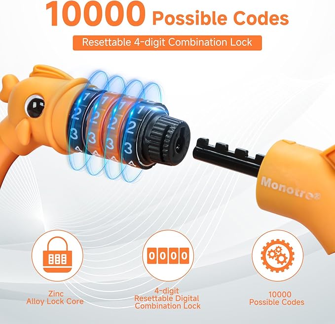 Bike Lock, 3.9 Feet 4-Digit Resettable Combination Password Anti-Theft Cable Lock, Cute Coiled Bike Lock with Mounting Bracket, Suitable for Bicycles, Electric Scooters, Ebikes (Orange-12mm)