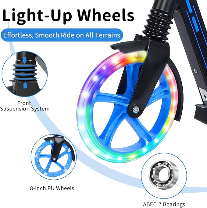 BELEEV V5 Plus Scooters for Kids Ages 6+, Teens with Light-Up Wheels & Deck, 2 Wheel Folding Lightweight Sport Scooter with 4 Adjustable Height, 8-inch Big Wheels, Carry Strap, Max Load 220 lbs