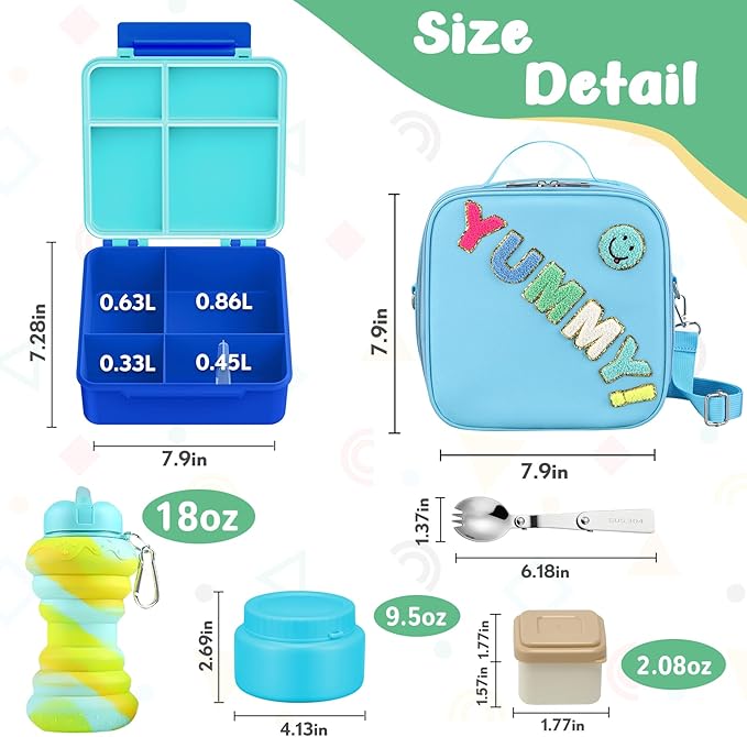 Bento Lunch Box with 10oz Soup Thermo for Kids Insulated Lunch Bag & Foldable Silicone Cup Food Leak Proof Food Container with 5 Compartment for Kid to Shool Travel