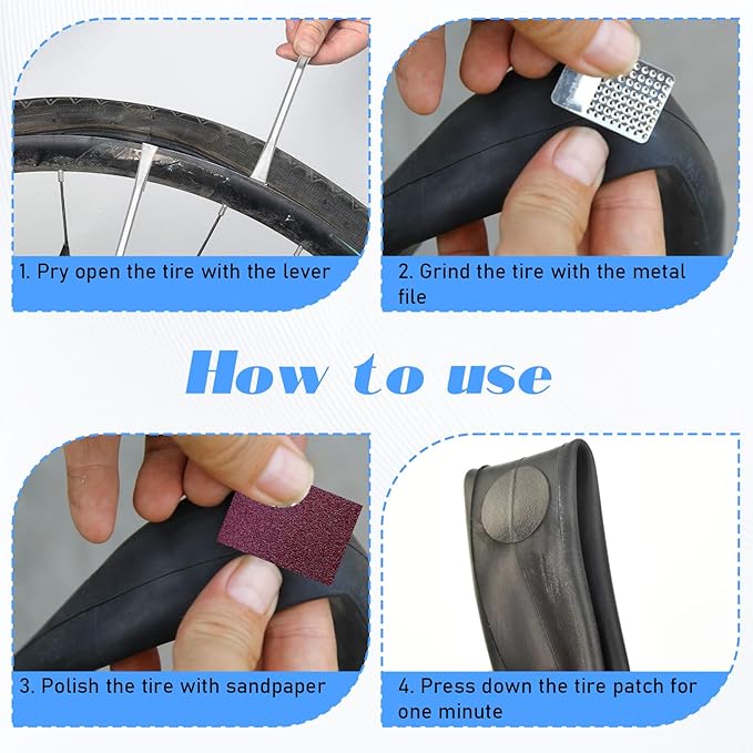 30 Pcs Bike Tire Patch Kit Bike Tire Repair Kit Bicycle Inner Tube Patch Kits with 24 PCS Patches 2 Premium Stainless Steel Levers 4 File Blades User Manual for Mountain and Road Bikes