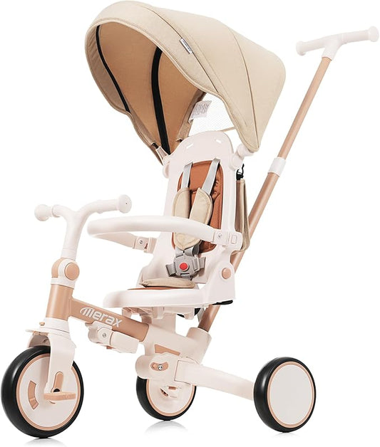 Foldable Toddler 7-in-1 Tricycle Removable Pedal, Canopy, and Guardrail Adjustable Parent Push Handle Ages 1-6 Years