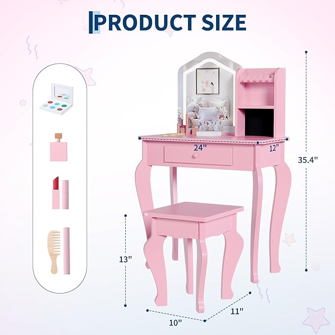 Garvee Kids Vanity with Lighted Mirror, Little Girl Vanity and Stool, Toddler Makeup Table Set and Makeup Playset for 3-8 Girls, Pink