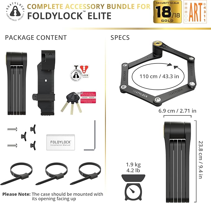 Seatylock FoldyLock Elite Folding Bike Lock - Patented 18/18 High Security Sold Secure Gold Bicycle Lock - Heavy Duty Anti Theft Secure Guard with Keys & Case Mount - 43.3"