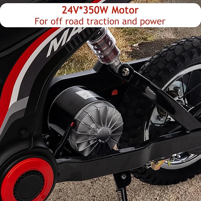 Electric Dirt Bike for Kids, 24v 350w Kids Electric Motorcycle, 3-Speed Modes & Up to 14.29 MPH, Metal Suspension Safe and Shock Proof, Children Off-Road Ride-on Dirt Motorcycle,Red-7