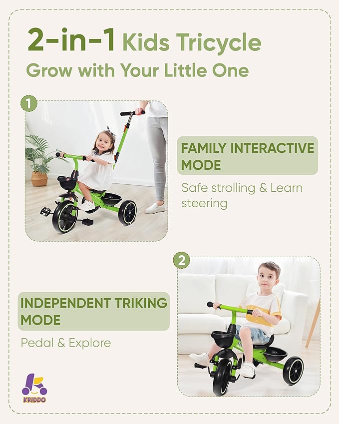 KRIDDO 2-in-1 Toddler Tricycle for Ages 18 Months to 5 Years Old - Extended Push Handle for Effortless Push, Gift Trike for Toddler 3 to 5 Year, Kids Tricycle with Foldable Front Footrest, Green
