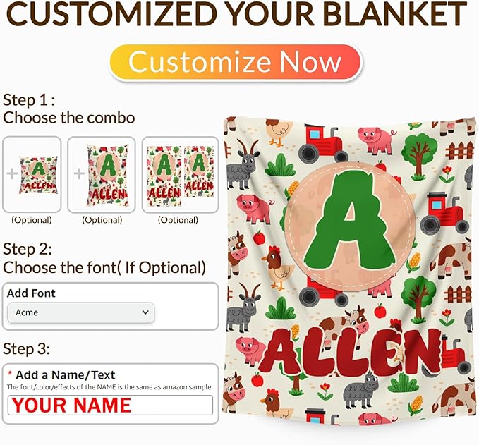 Kids Blanket Gift for Boys, Personalized Farm Throw Blanket for Kids Toddler Boys Age 6-8, Custom Name Initial Letter Monogram Soft Fuzzy Blankets for Bed Couch Sofa Decor