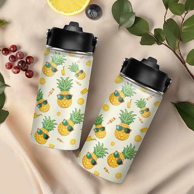 Kids Water Bottle Pineapple Water Bottles 12oz with Straw Insulated Stainless Steel Travel School Tumbler Double Wall Vacuum Cup for Girls Kid Boys