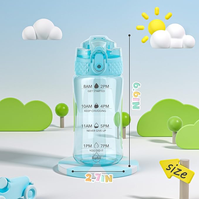 OLDLEY 12oz Kids Water Bottle for School - Motivational With Silicone Straw, Leak-Proof Tritan BPA-Free, Reusable for Girls Boys, Slate Blue