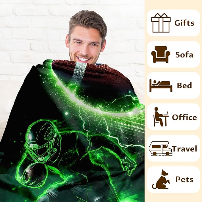 Football Throw Blanket, 60 x 50 Inches Lightweight Throws for Men, Gift for Football Lovers, Cozy Soft Flannel Throw for Bedroom Living Room, Bed, Sofa, Office