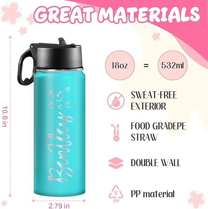 Ships from USA,Personalized Custom Kids Water Bottle Engraved With Name Logo,Custom Insulated Stainless Steel Sports Water Bottle with Straw Lid,Personalized Christmas Gifts for Boys Girls