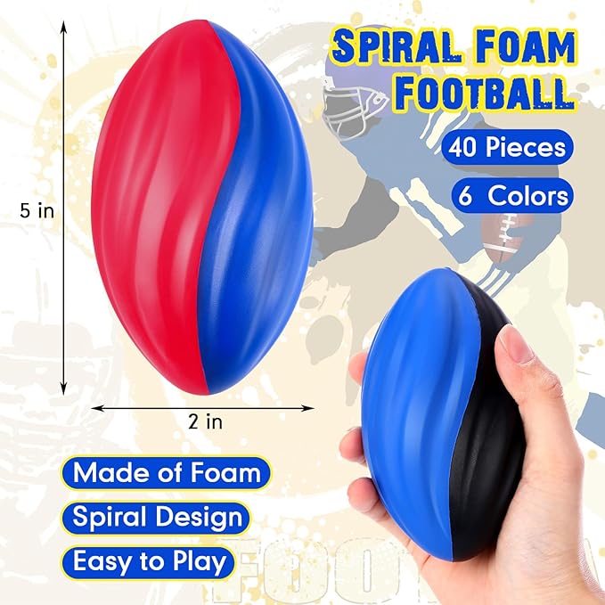 Woanger 40 Pcs Mini Foam Football Two Tone Spiral Squeeze Balls Bulk 5 Inch Soft Small Waterproof Sports Football for Kids Colorful Ball Toys for Indoor Outdoor Game Birthday Party Favor (Colorful)