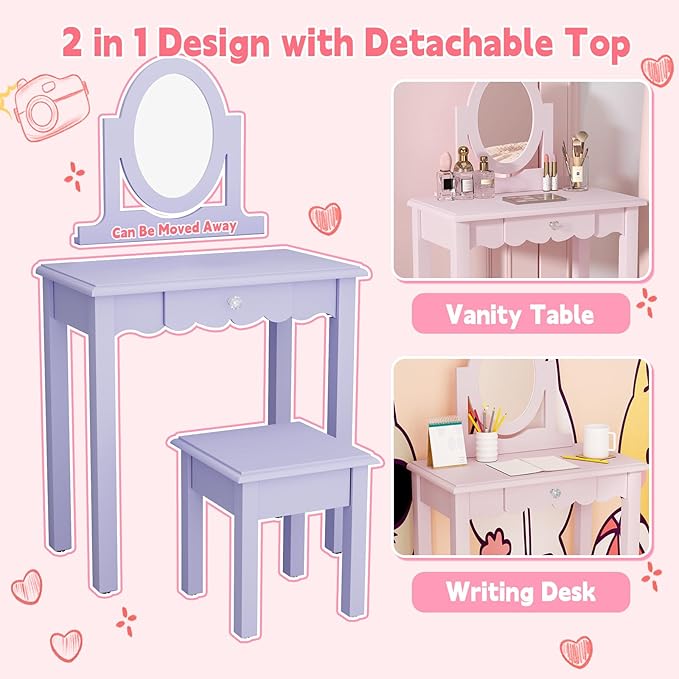 HLR Kids Vanity, Girls Vanity Set with Mirror and Stool, Wooden 2 in 1 Princess Makeup Desk Dressing Table with Detachable Top, Toddler Vanity Dresser Set with Drawer for Little Girls, Purple