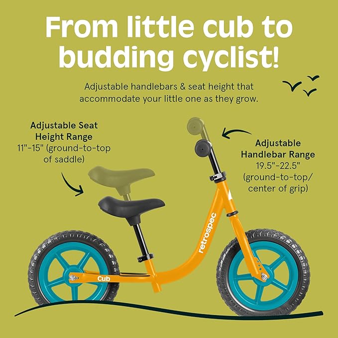 Retrospec Cub Toddler Balance Bike for Ages 18 Months - 3 Years - 12in No-Pedal Beginner Bicycle with Adjustable Seat, Puncture-Proof Tires & Safe Low Frame Design