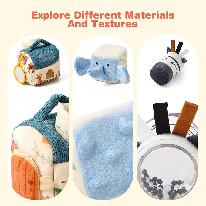 Youuys Travel Sensory Toys for Babies 6-12 Months & Toddlers 1-3 Year Old On-The-Go Montessori Soft Stuffed Animal Set with Crinkle, Rattle, Safe Mirror Educational for Kids Boy Girl
