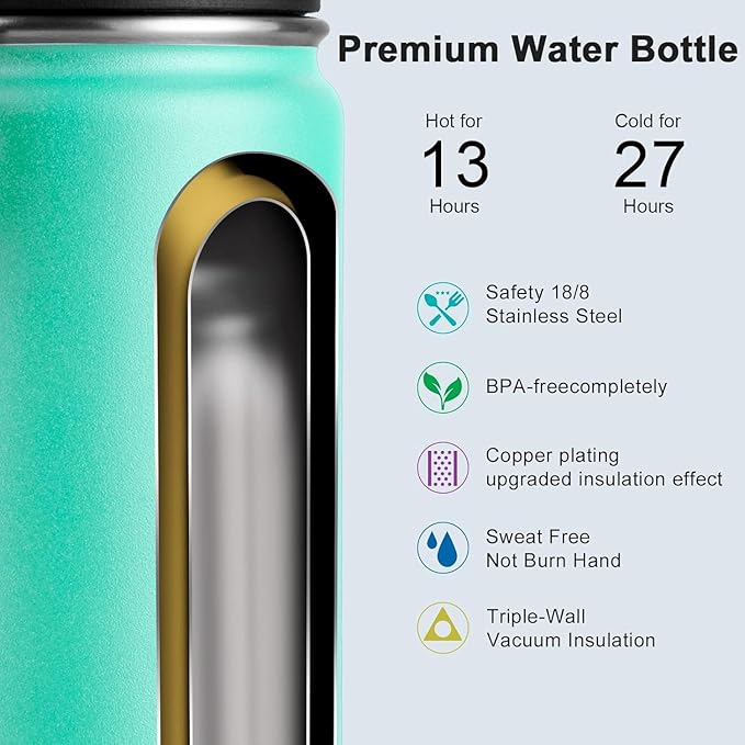 Koodee Insulated Water Bottle, 18 oz Stainless Steel Double Wall Vacuum Wide Mouth Sport Bottle with Leakproof Spout Lid (Teal)