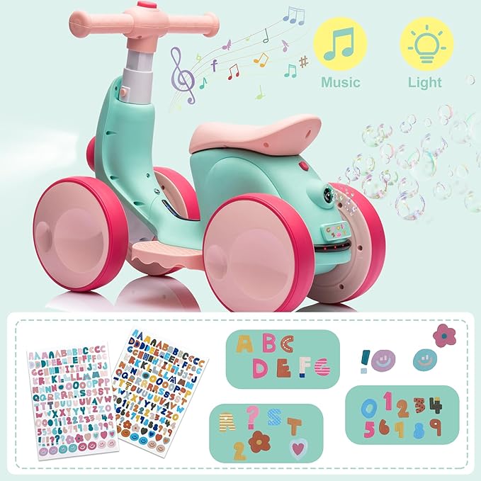 Electric Baby Balance Bike with Bubble Machine for 1 Year Old Boys Girls 4 in 1 Toddler Balance Bike 12-48 Month Kids Bubble Bike Ride Toys First Birthday Gift with Powered Motor,Music,LED Lights
