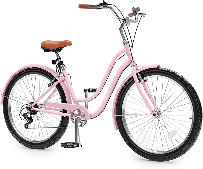 YITAHOME 24 & 26 Inch Beach Cruiser Bike, 7 Speed & Single Speed Commute Bike, Step-Through Bicycle for Adult Women & Men, Steel Frame Cruiser Bike with Full Front & Rear Fenders