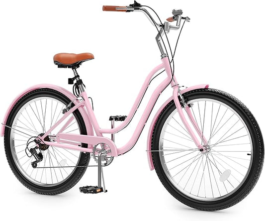 YITAHOME 24 & 26 Inch Beach Cruiser Bike, 7 Speed & Single Speed Commute Bike, Step-Through Bicycle for Adult Women & Men, Steel Frame Cruiser Bike with Full Front & Rear Fenders