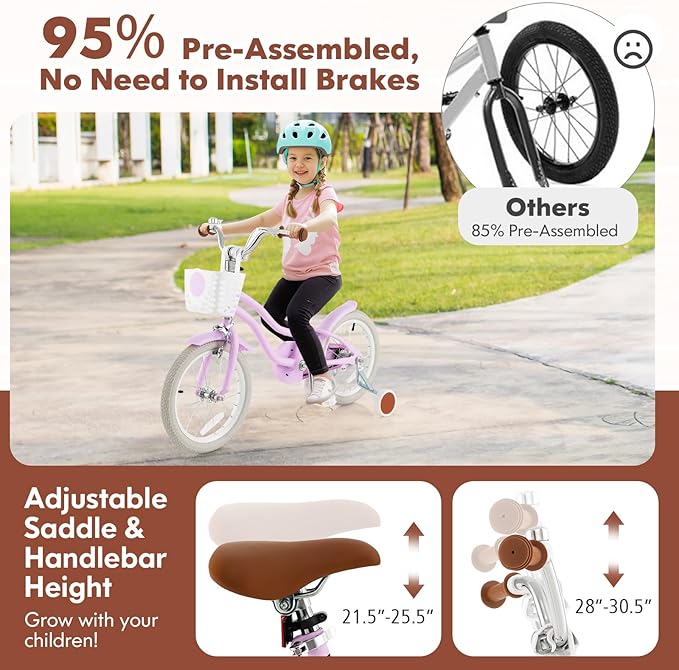 COSTWAY Kids Bike, 12 14 16 18 Inch Toddler Bike Children Bicycle w/Training Wheels, Hand & Coaster Brakes, Adjustable Saddle & Handlebar, Basket, Bell, Kids Bicycle for Girls Boys Aged 3-8 Years Old