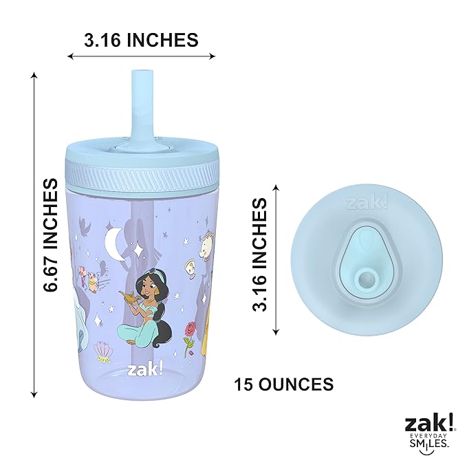 Zak Designs Disney Princess Kelso Toddler Cups For Travel or Home, 15oz 2-Pack Plastic Sippy Cups, Leak-Proof For Kids (Ariel, Aurora, Belle, Cinderella, Jasmine, Mulan, Rapunzel, Tiana)