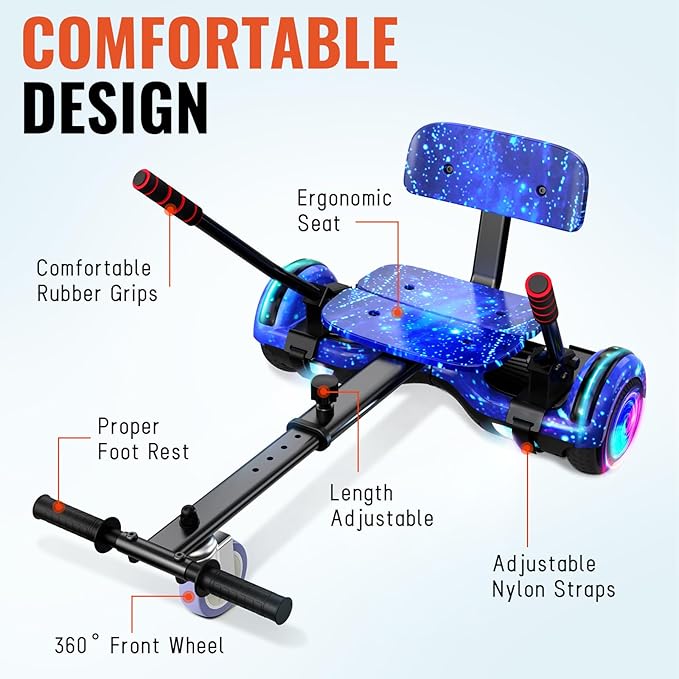 Scooter with Seat Attachment for Kids Adults, 6.5'' 8.5''Balancing Scooter with Bluetooth Speakers & Colorful LED Light with Kart