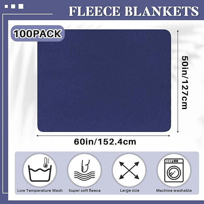 Newwiee 100 Pcs Fleece Throw Blankets Bulk Outdoor Wedding Guest Gifts Soft Lightweight Sleepover Lap Blankets Pet Home Sofa Couch Office Donation Homeless, 50 x 60 Inch (Blue)