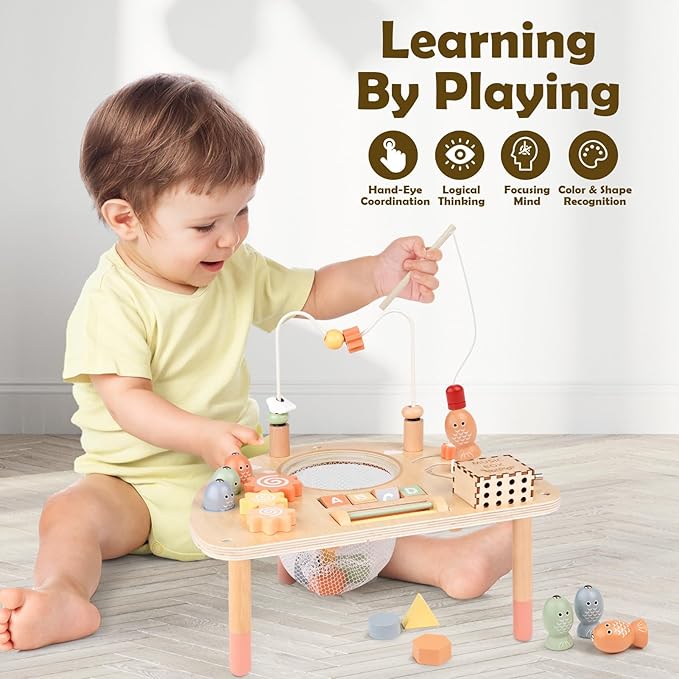 Activity Table for 1 Year Old, Montessori Toys for 1 2 Year Old Girls Boy Gifts, 8 in 1 Wooden Sensory Play Table for Toddler 1-3, Learning Toys for Baby 12-18 Months 1st Christmas Birthday Gifts