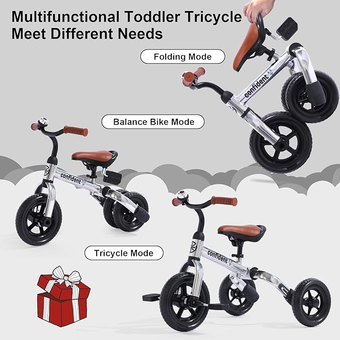 XPIY Tricycle for Toddlers Age 2-5 Years Old, 3 in 1 Folding Toddler Bike for Boys and Girls, Kids' Bike Trike with Detachable Pedal and Adjustable Seat (Glitter Silver)
