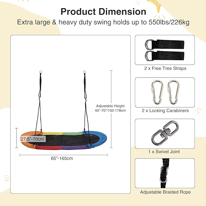 RedSwing 65" Saucer Swing for Kids, Giant Platform Swing for Outdoor Playground, Flying Oval Surf Swing Strong Heavy Duty, 500lbs Weight Capacity, Easy to Asssemble, Rainbow