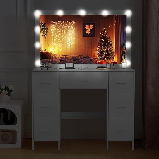 Hollywood Vanity Set, 3 Color Light Modes, Large Lighted Mirror with Brightness Adjustable, 7 Drawers for Storing Items, White Makeup Table for Girls and Women