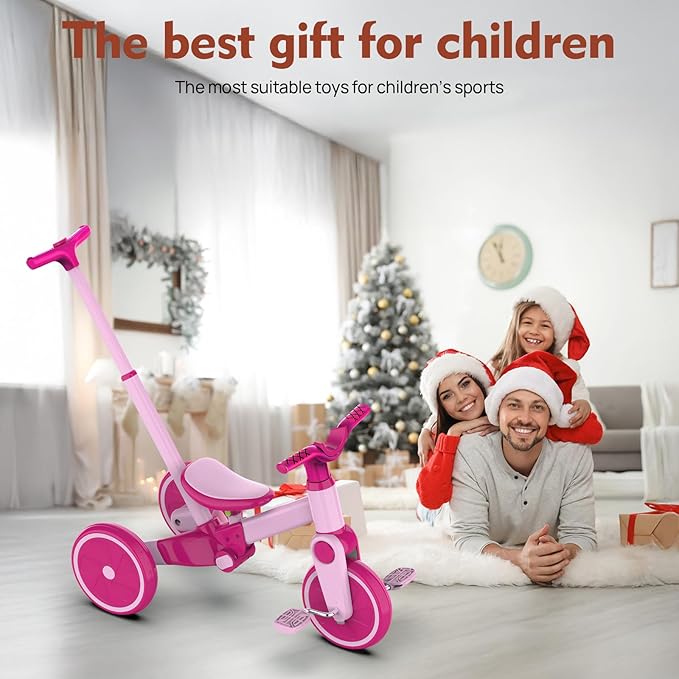 Tricycle for Toddlers 1-3 Year Olds, 5 in 1 Toddler Balance Bike with Removable Pedal, Foldable Toddler Tricycle with Push Handle(Pink)